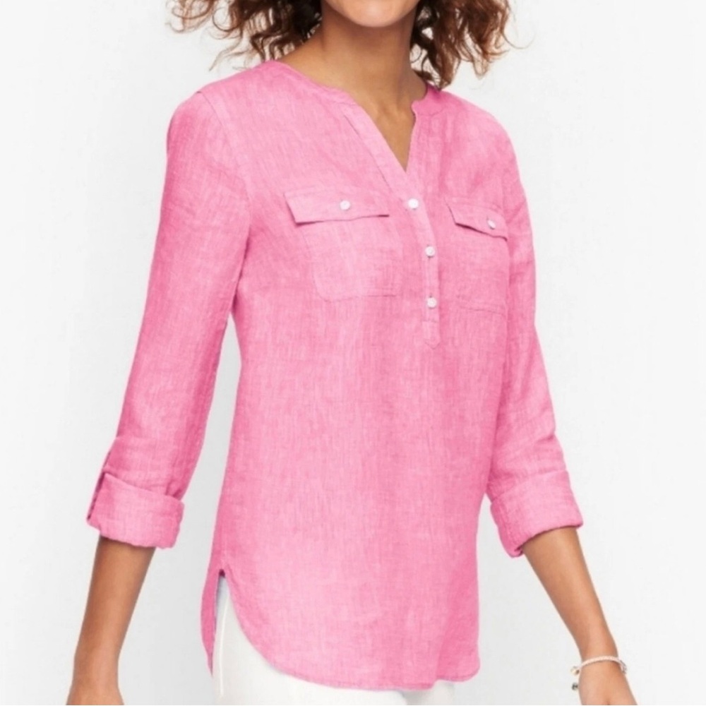 Talbot Linen Pink Popover Women’s Shirt Blouse Roll Tab Sleeve Sz Small
